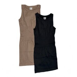 OQQ Seamless Ribbed Shapewear Tank Dresses, Black & Tan, Sz S - NWOT Bundle of 2